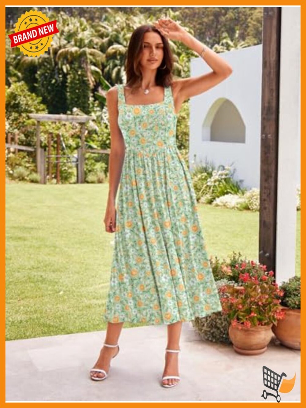 Women's Midi Dress Square Neck Sleeveless A-Line Casual Sundress with Pockets - Picture 2 of 6